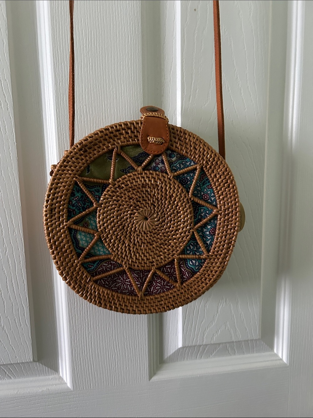 Handwoven Round Crossbody Bag in Brown with Multicolor Inset